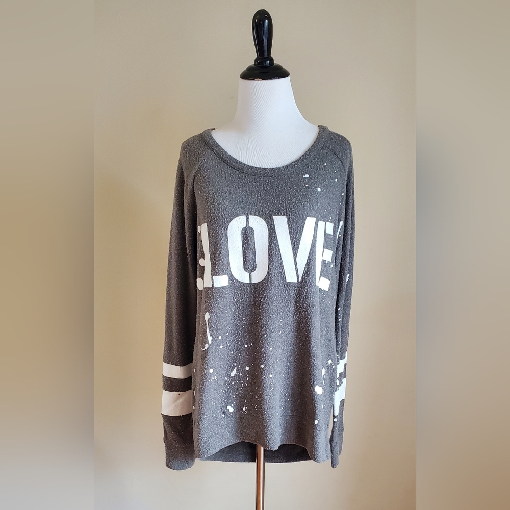 Chaser Women's Open Back Love Paint Drip Grey Sweater Size M